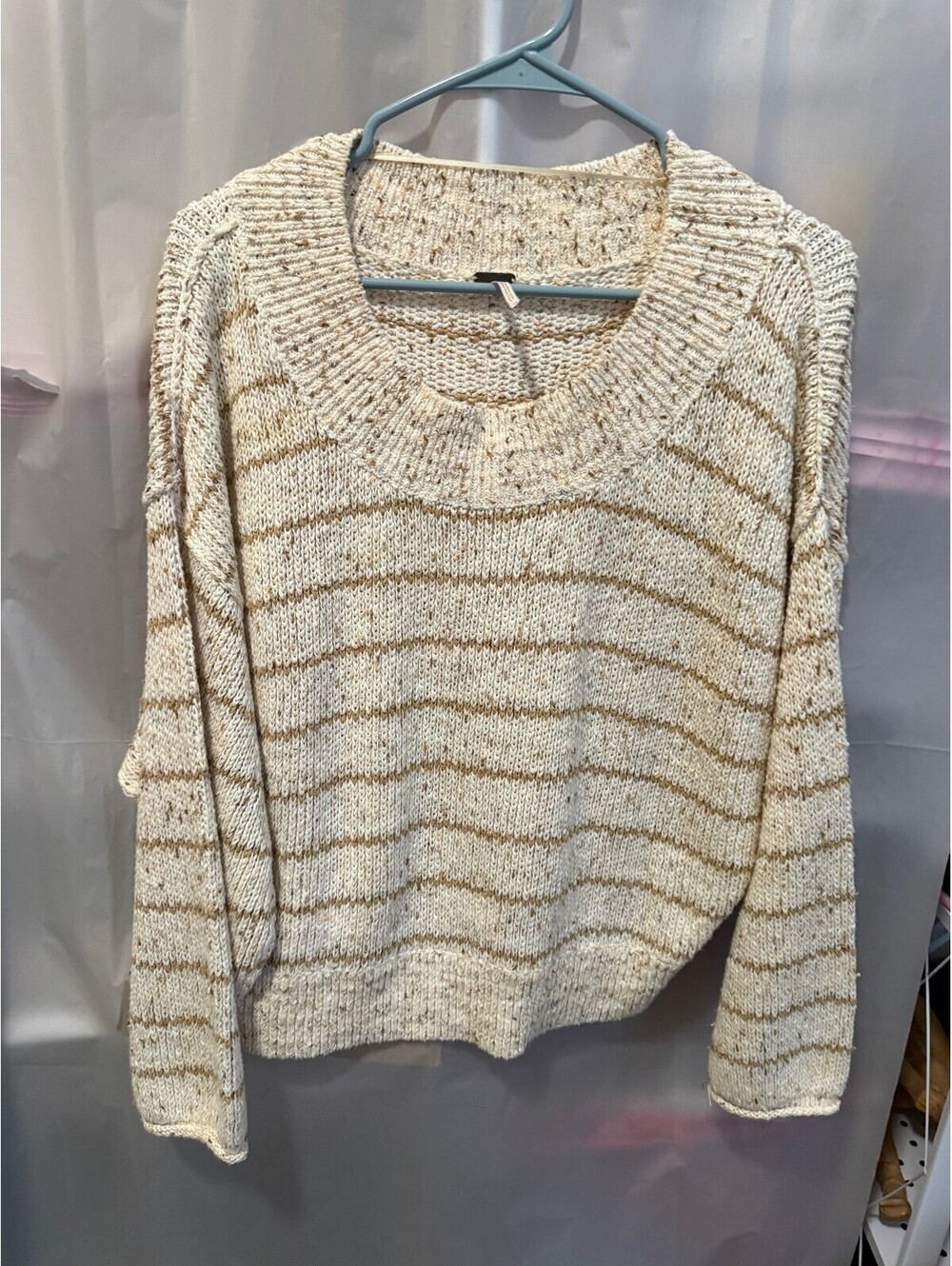 Free People Cream and Tan Striped Knit Sweater XS
